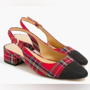 J.Crew Red and Black Tartan Plaid Slingback Dress Holiday Low Heel Shoes 6, 7